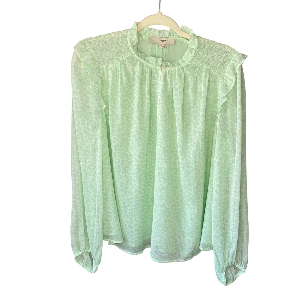 LOFT Mint Green Abstract Animal Print Ruffle Smocked Chiffon Blouse NWT Medium